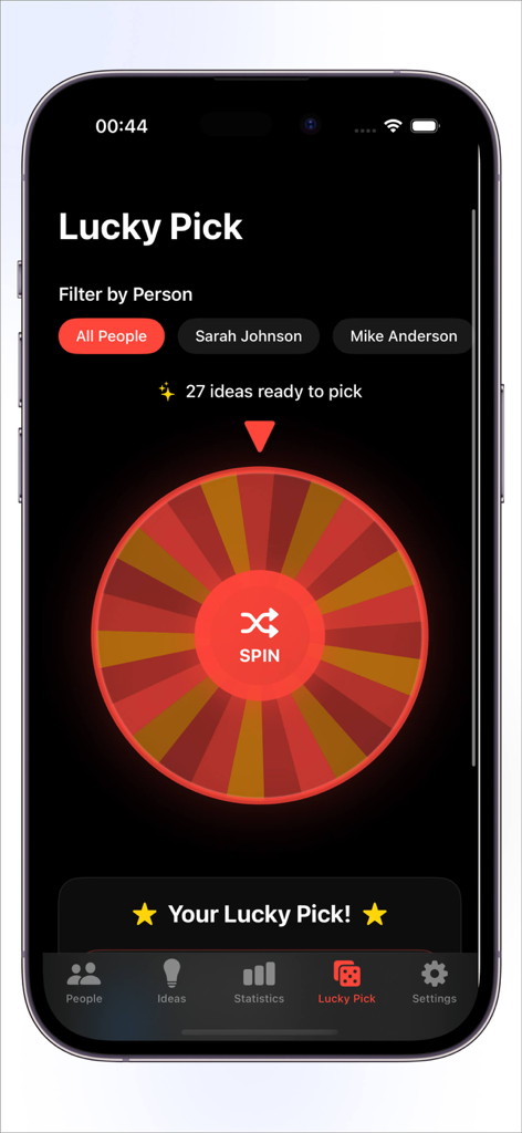 Lucky Pick feature screen showing a red spinning wheel to randomly select a gift idea from a list.
