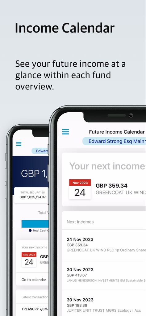 A mobile app screenshot of the MyRathbones income calendar showing future investment income and upcoming payments from various funds.