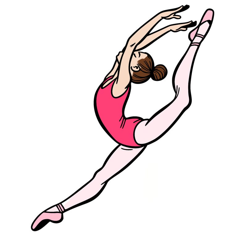 gymnast doing a leap in a leotard with a bent back leg