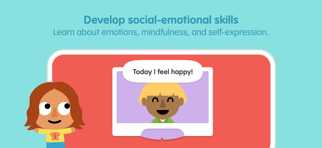 Tela do aplicativo educacional mostrando uma criança aprendendo sobre habilidades socioemocionais e sentimentos