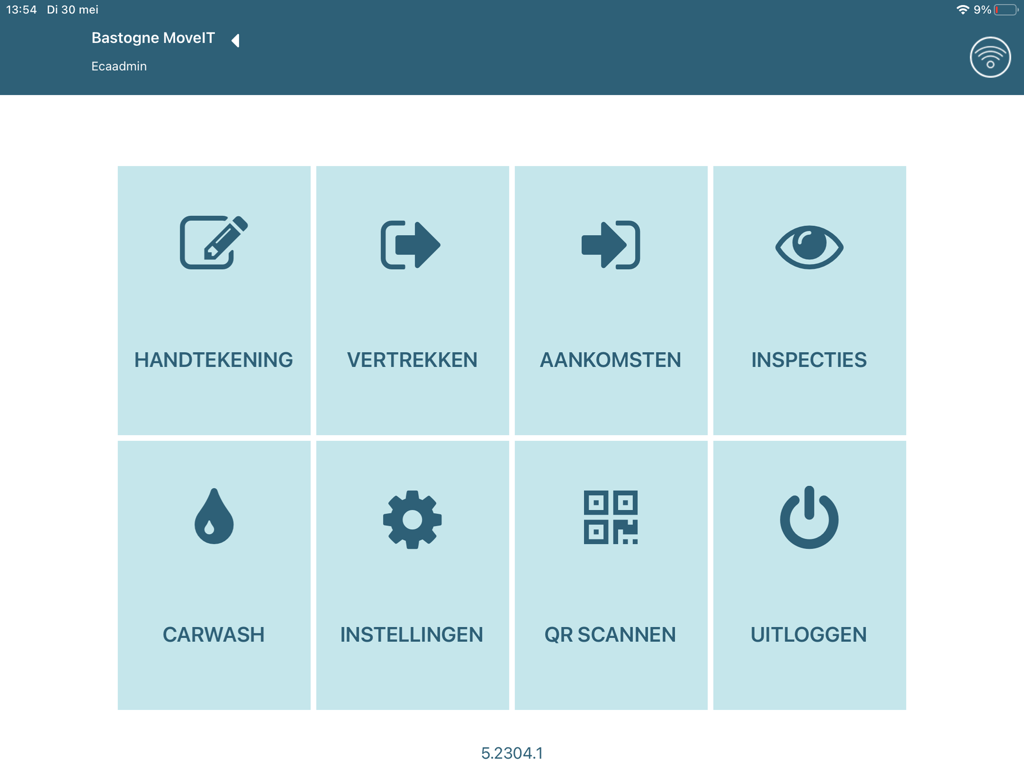 ProPlanner - Main menu of the ProPlanner app on an iPad showing icons for fleet management tasks like departures, arrivals, and inspections.