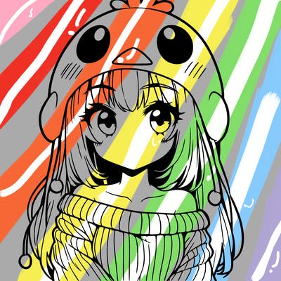 anime girl with chick shaped hat with sweater with bare shoulders with bangs covering them one eye with low tail