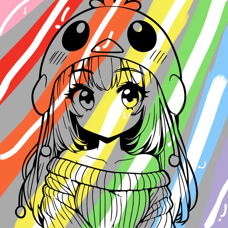 anime girl with chick shaped hat with sweater with bare shoulders with bangs covering them one eye with low tail