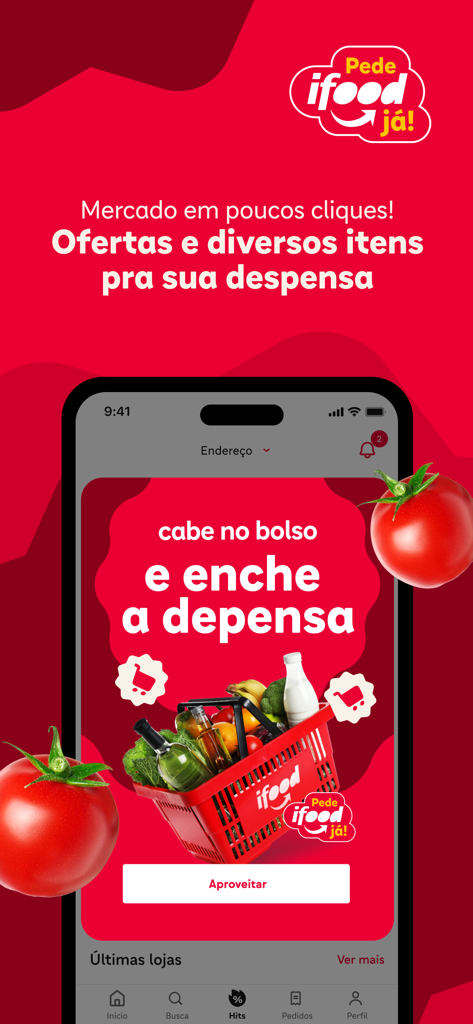 iFood-Mobilappen-Oberfläche mit einer Aktion für Lebensmittellieferungen mit einem roten Einkaufswagen und frischem Gemüse