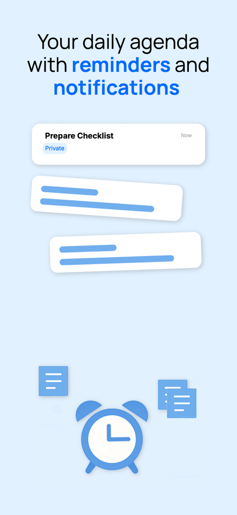 TaskMind: Task Manager - TaskMind app screen showcasing daily agenda reminders and task notifications with a checklist alert