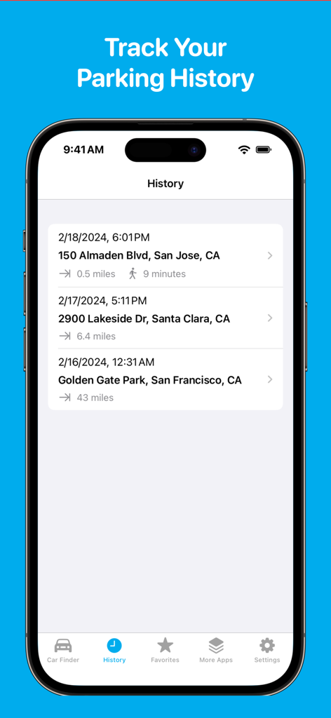 日付、時刻、住所とともに過去の駐車場所のリストを示すモバイルアプリの画面。