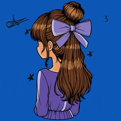 realistic girl  with hip length hair a bun and a big bow on the back of head