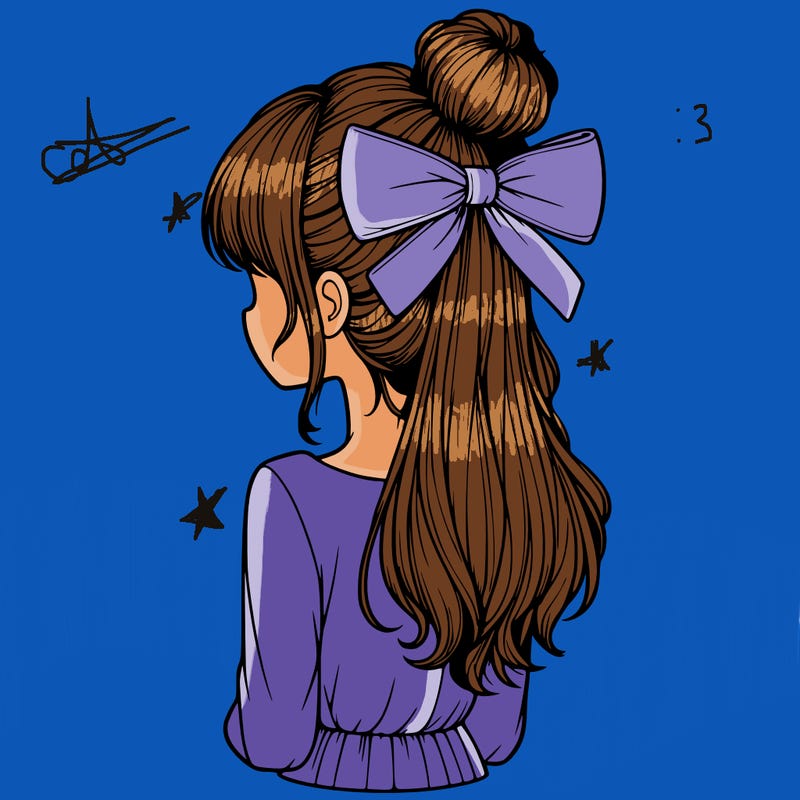 realistic girl  with hip length hair a bun and a big bow on the back of head