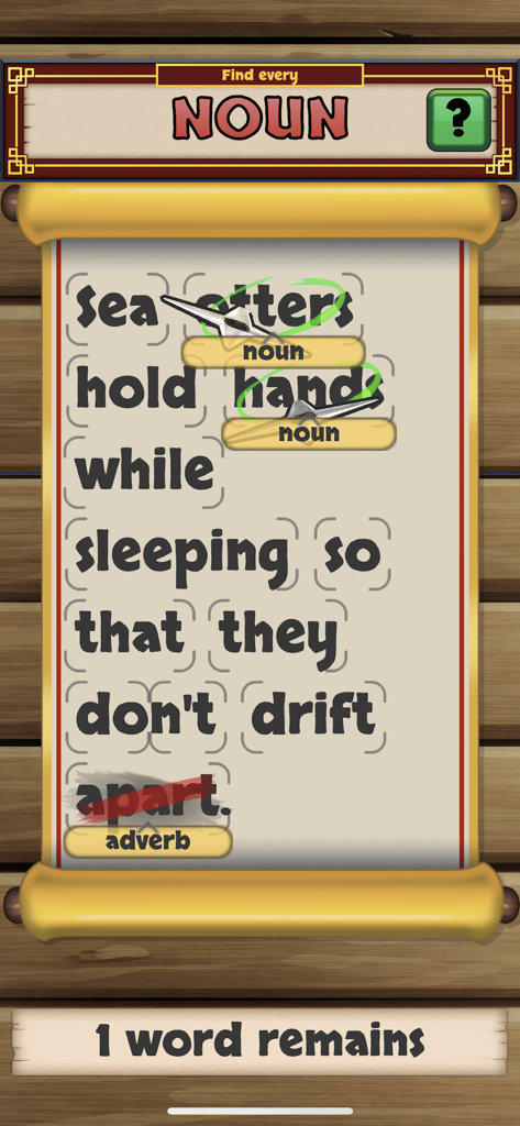 Grammar Ninja app screen showing a player identifying nouns in a sentence using ninja stars
