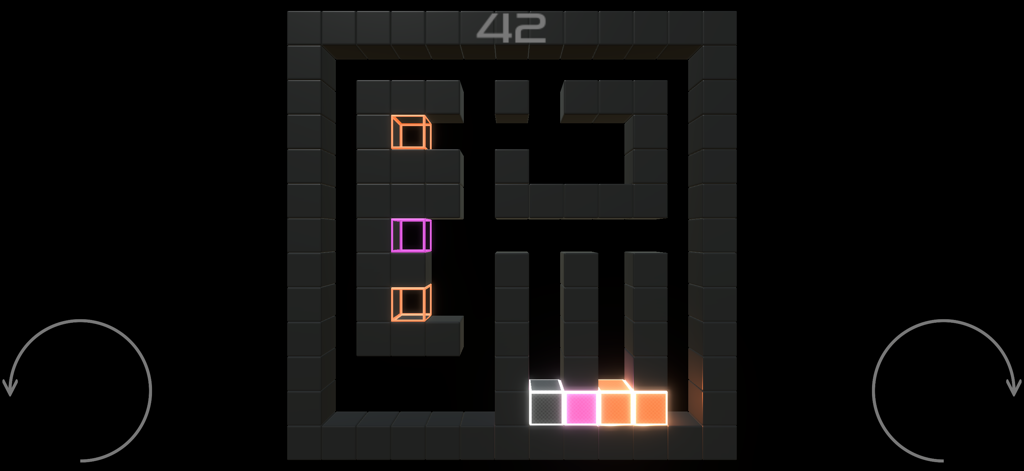 GraviT - Captura de tela da jogabilidade do GraviT mostrando um quebra-cabeça minimalista escuro com cubos brilhantes no nível 42