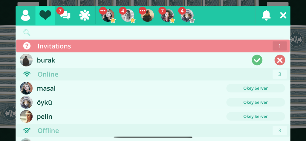 Spades Onlineアプリのソーシャルインターフェース、ゲームの招待とオンラインの友達リストを表示