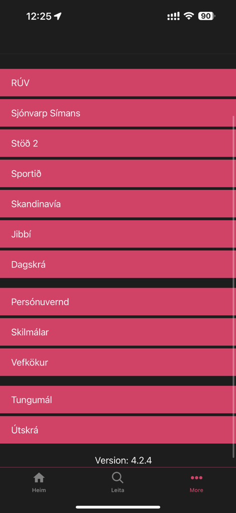 NovaTV sjónvarp - NovaTV app menu displaying Icelandic TV channels and account settings