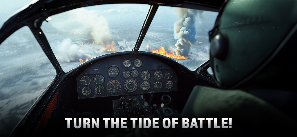 Wings of Heroes: WW2 Planes - Vista de cabina de un caza de la Segunda Guerra Mundial volando sobre un campo de batalla con humo y fuego