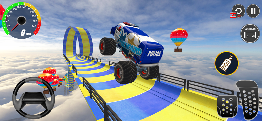 4x4 Monster Truck Racing Games - Police monster truck performing a stunt on a yellow and blue mega ramp in the clouds