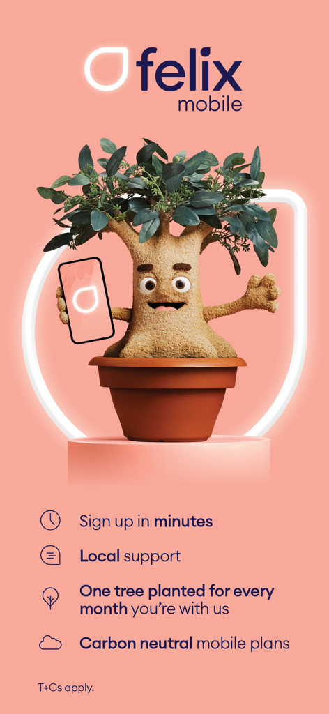 A friendly tree character holding a smartphone showcasing felix mobile features like carbon neutral plans and tree planting.