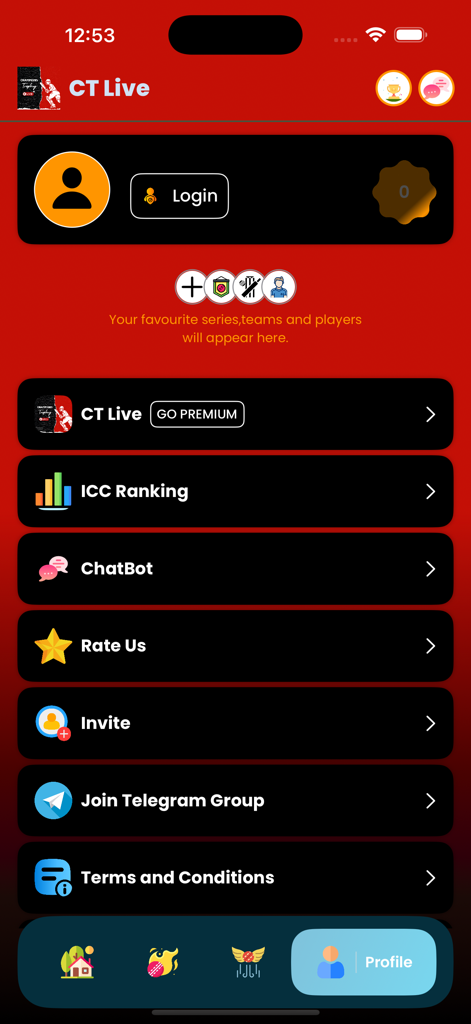 Pakistan Cricket Live - L'écran du profil utilisateur de l'application Pakistan Cricket Live montrant les options du compte, les classements de l'ICC et l'accès au chatbot IA