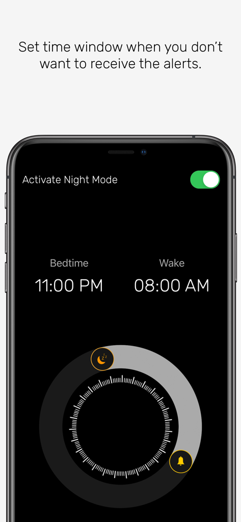 minutiae: Real Life - Screenshot des Nachtmodus-Konfigurationsbildschirms der minutiae App zum Stummschalten von Benachrichtigungen zwischen 23:00 Uhr und 08:00 Uhr.