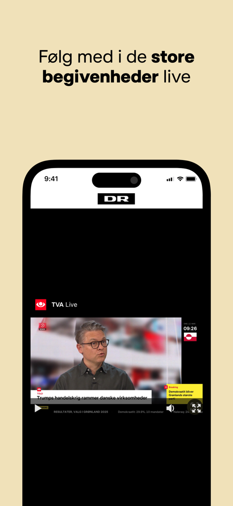 DR Nyheder 모바일 앱의 실시간 뉴스 방송