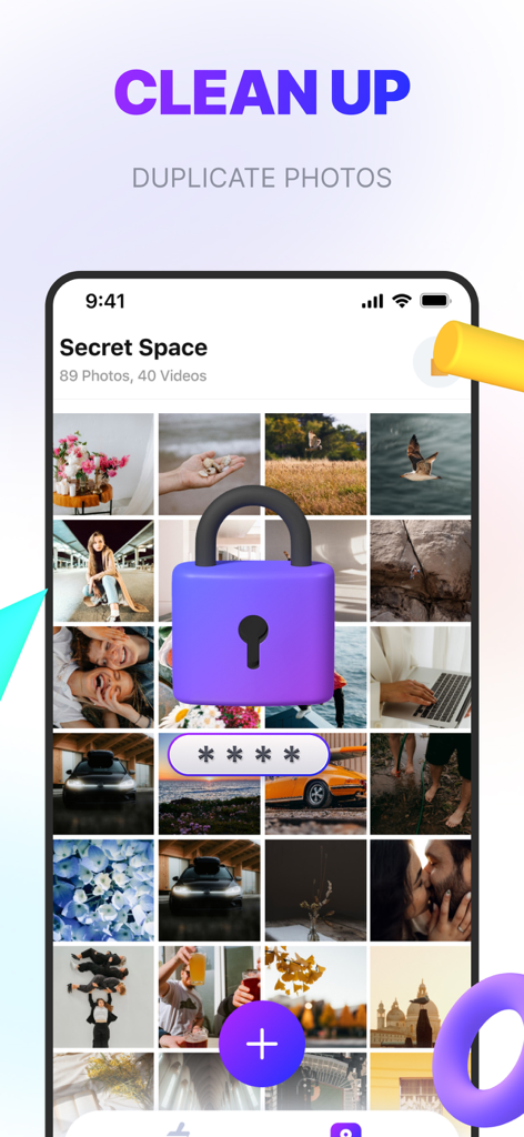 A secure private photo vault interface with a purple padlock icon and passcode input over a photo gallery