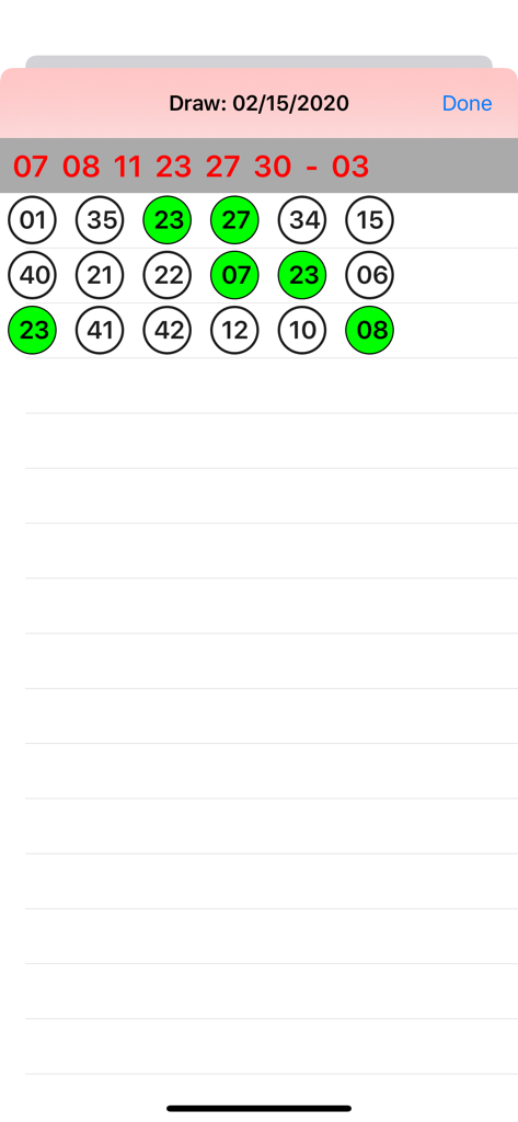 i649Buddy - Schermata dell'app i649Buddy che mostra i risultati del sorteggio del Lotto 649 con i numeri vincenti evidenziati in verde.