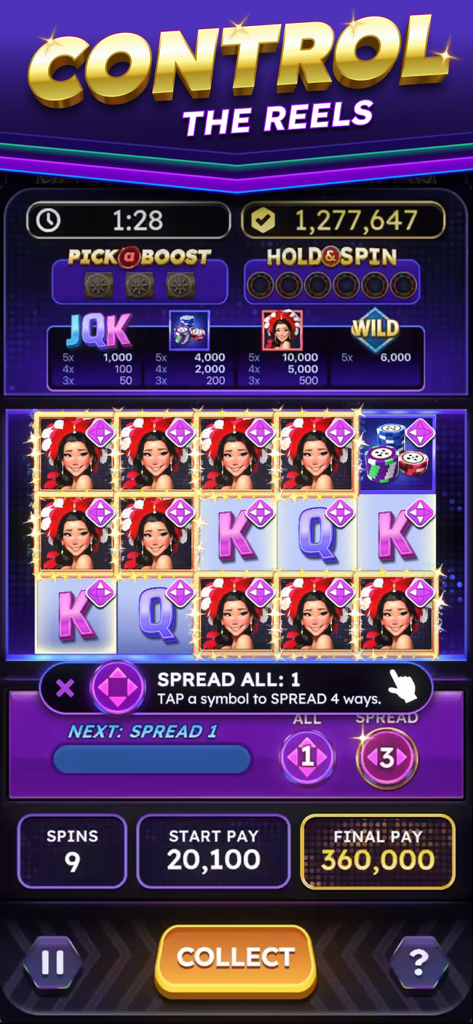 Screenshot del gioco mobile Slot Paga che mostra la funzionalità di controllo delle bobine basata sull'abilità