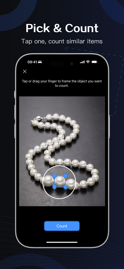 SnapCount app demonstrating the pick and count feature by selecting a single pearl from a necklace