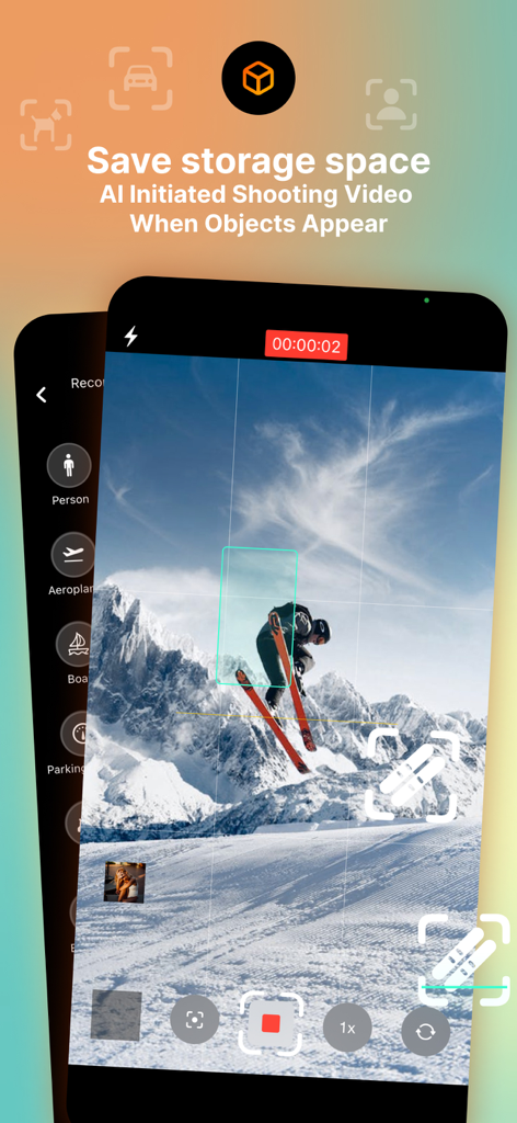 Action - AI video camera - Action AI video camera app interface tracking a skier with automated object recognition to start recording.