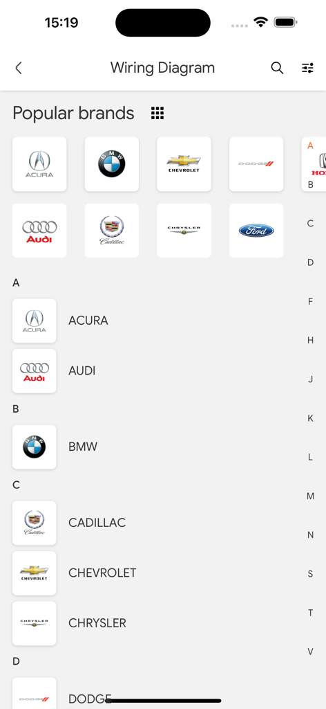 Auto ISM - Auto ISM App-Oberfläche, die eine Liste von Automarken wie BMW und Ford für den Zugriff auf Schaltpläne anzeigt