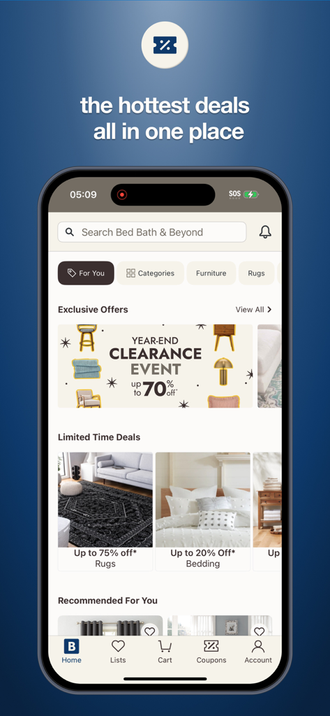Bed Bath and Beyond mobile app home screen featuring clearance events and furniture deals