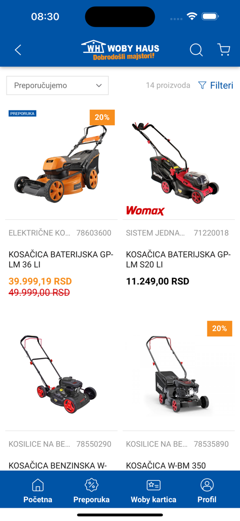 Woby Haus - Woby Haus mobile app screen showing various lawnmower models with prices and discounts