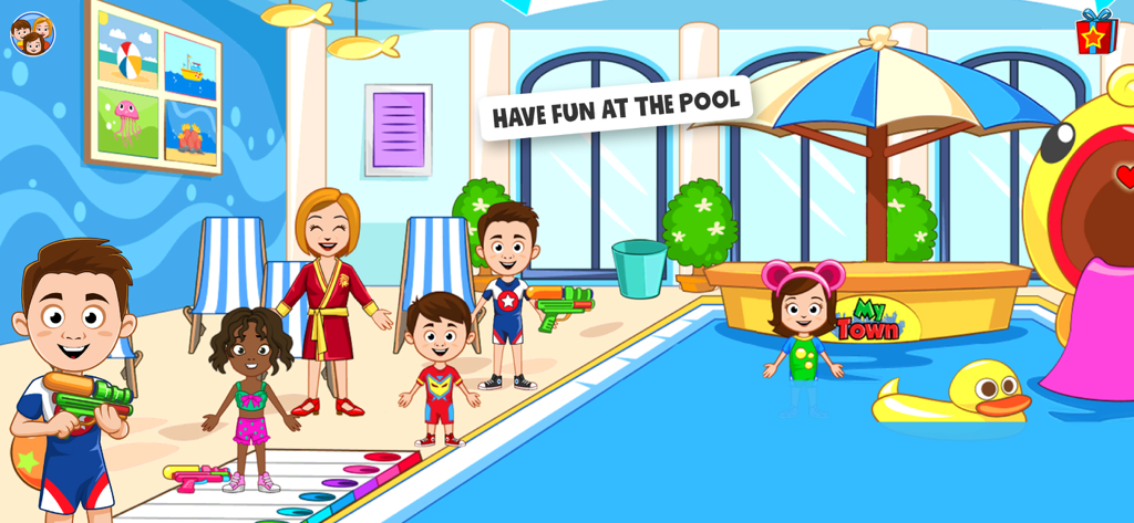 Cartoon-Figuren und Kinder, die in einem Hotelpool mit Wasserpistolen und einem Enten-Schwimmring in My Town Hotel Vacation Story spielen