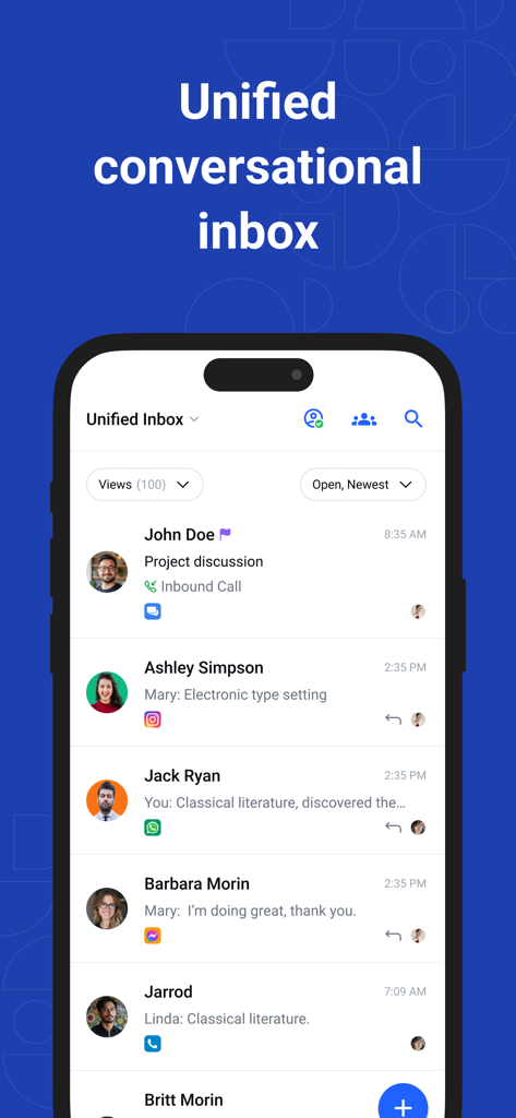 Salesmate – Sales CRM - Salesmate mobile app interface showing a unified conversational inbox with integrated messages from WhatsApp Instagram and phone calls