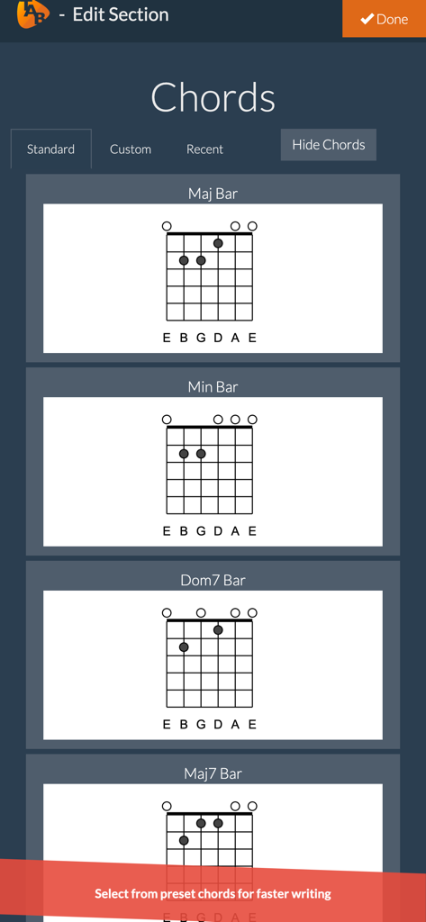 A menu in the Guitar Notepad app displaying various preset guitar chord diagrams like Major and Minor barre chords.