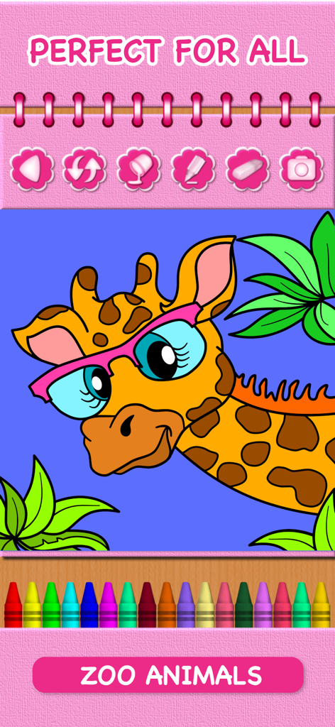 Animal Coloring Book Baby Pets - Una página para colorear de una linda jirafa con gafas de sol rosas en la interfaz de la aplicación Animal Coloring Book.
