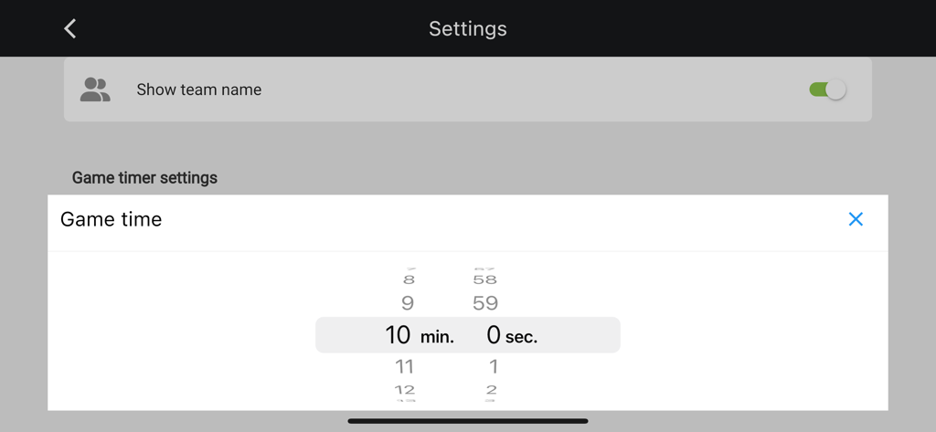 ゲーム時間選択とチーム名オプションを表示するシンプル3x3スコアボードアプリの設定画面