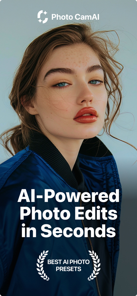 A high-quality cinematic portrait on the Photo CamAI app showcasing AI-powered photo edits in seconds