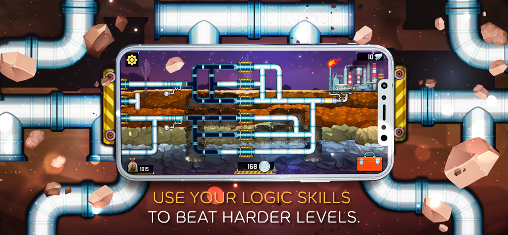 Plumber 3: Underground Pipes - Pantalla móvil mostrando la jugabilidad de conexión de tuberías subterráneas con texto de desafío de puzle lógico