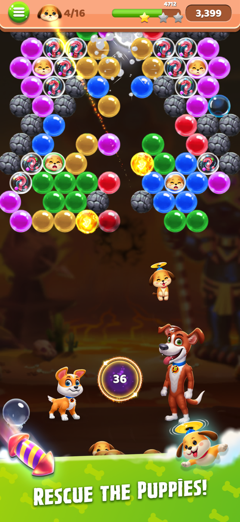 Bubble Shooter King - Bubble Shooter King gameplay showing colorful bubbles and dog characters with a Rescue the Puppies mission