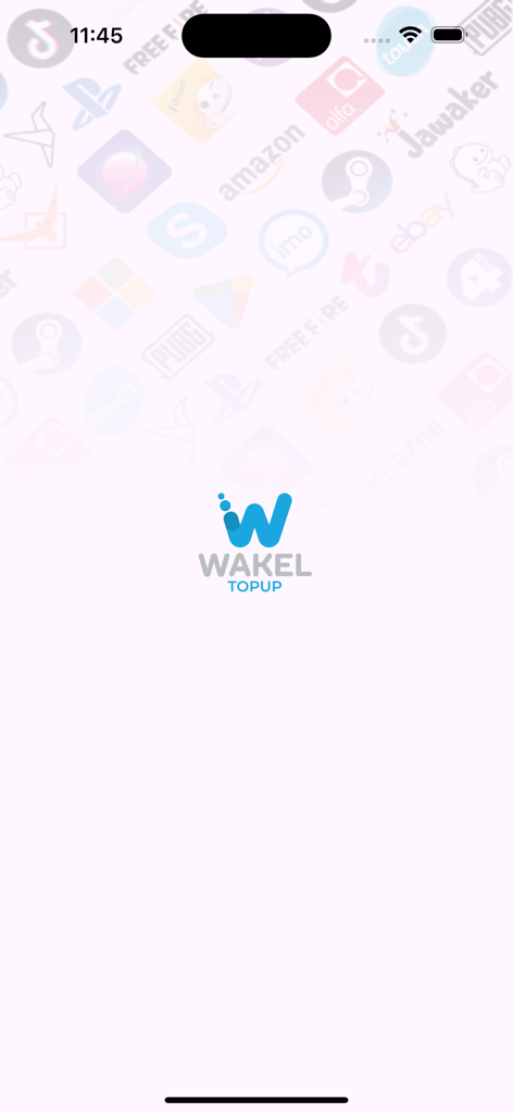 WAKEL Topup - WAKEL Topup mobile app splash screen featuring the company logo and a background pattern of service provider icons including Amazon, eBay, and Alfa.