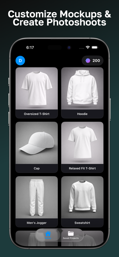 FitMockupアプリのインターフェース。Tシャツ、パーカー、キャップなど、さまざまな3D衣料品モックアップオプションが表示されています。