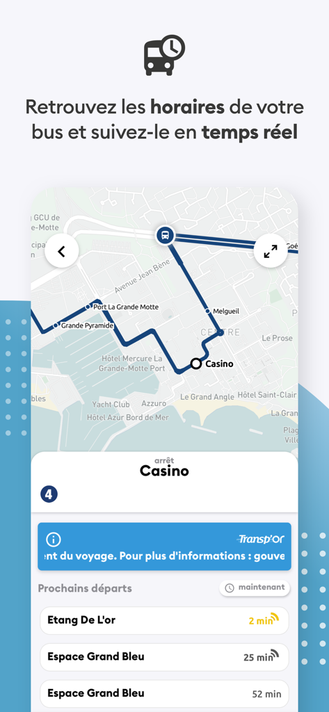 Transp'Or & Mobilités - Real time bus tracking map and arrival schedules on the Transp Or and Mobilites app.