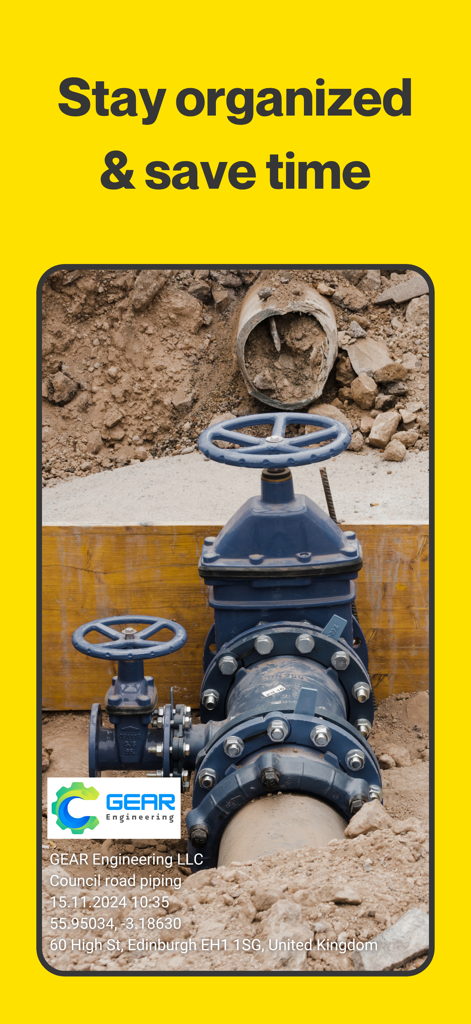 A construction site photo with a GPS and timestamp watermark showing coordinates and address