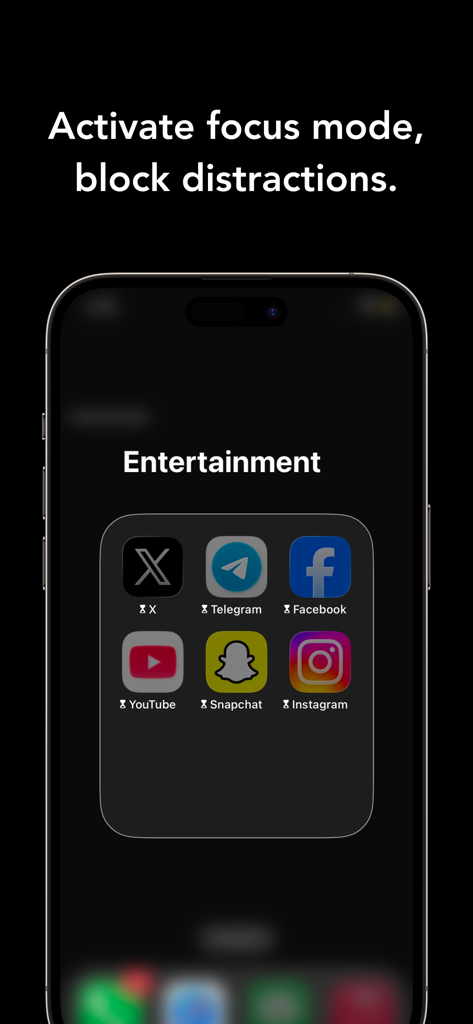 Smartphone screen displaying the CloudFocus app interface for blocking social media and entertainment apps during focus mode.