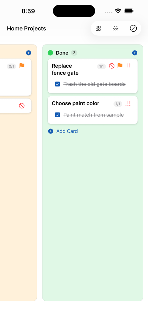 My Task Board - To Do Tracker - My Task Board App zeigt abgeschlossene Karten in der Spalte Erledigt an