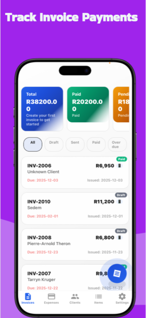 Invoice maker : invoice app - Painel do aplicativo móvel para rastrear pagamentos totais e pendentes de faturas