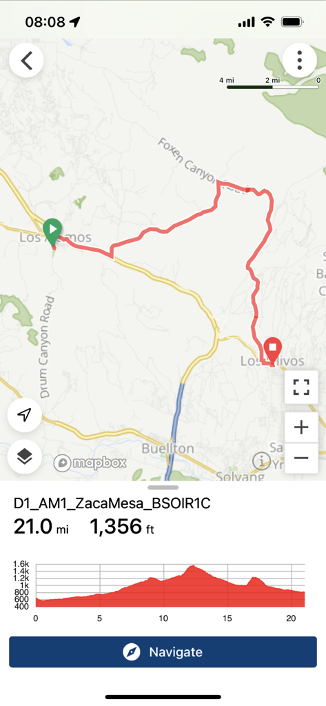 Backroads - Mapa e perfil de elevação de uma rota de ciclismo de 21 milhas no aplicativo de viagens ativas Backroads.