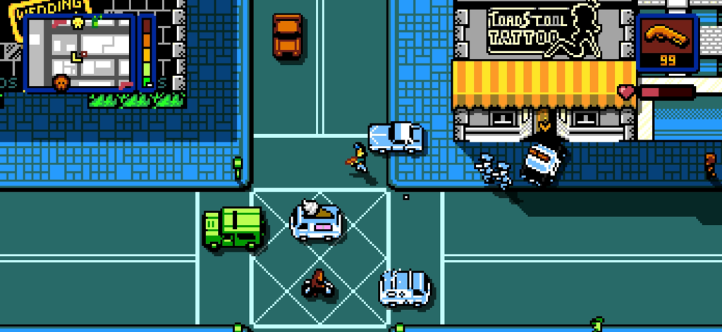 Retro City Rampage DX - 8-bit top-down pixel art gameplay showing a character and various vehicles on a city street in Retro City Rampage DX