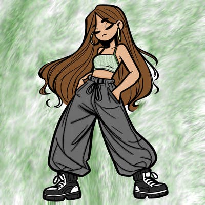 girl in baggy pants crop top and long hair