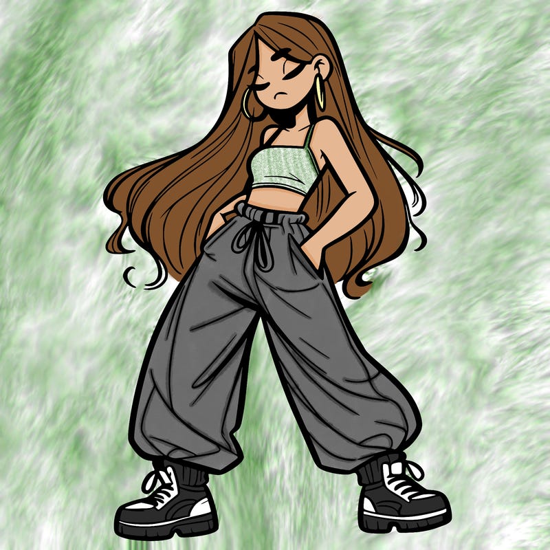 girl in baggy pants crop top and long hair