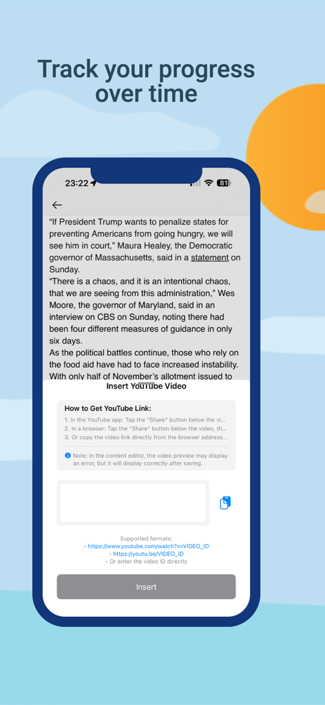 Blogspot for Google Blogger - Smartphone screen showing the insert YouTube video feature in the Blogspot app editor